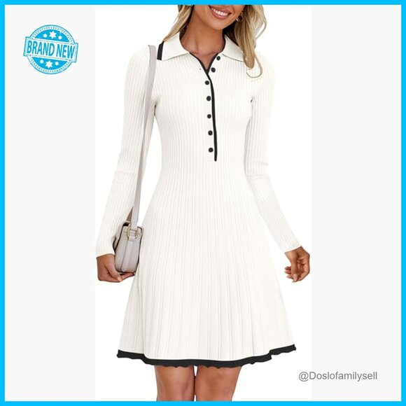 Dresses & Skirts - V-Neck Button Down Sweater Dress Ribbed Knit Mini Elegant Chic Work Casual